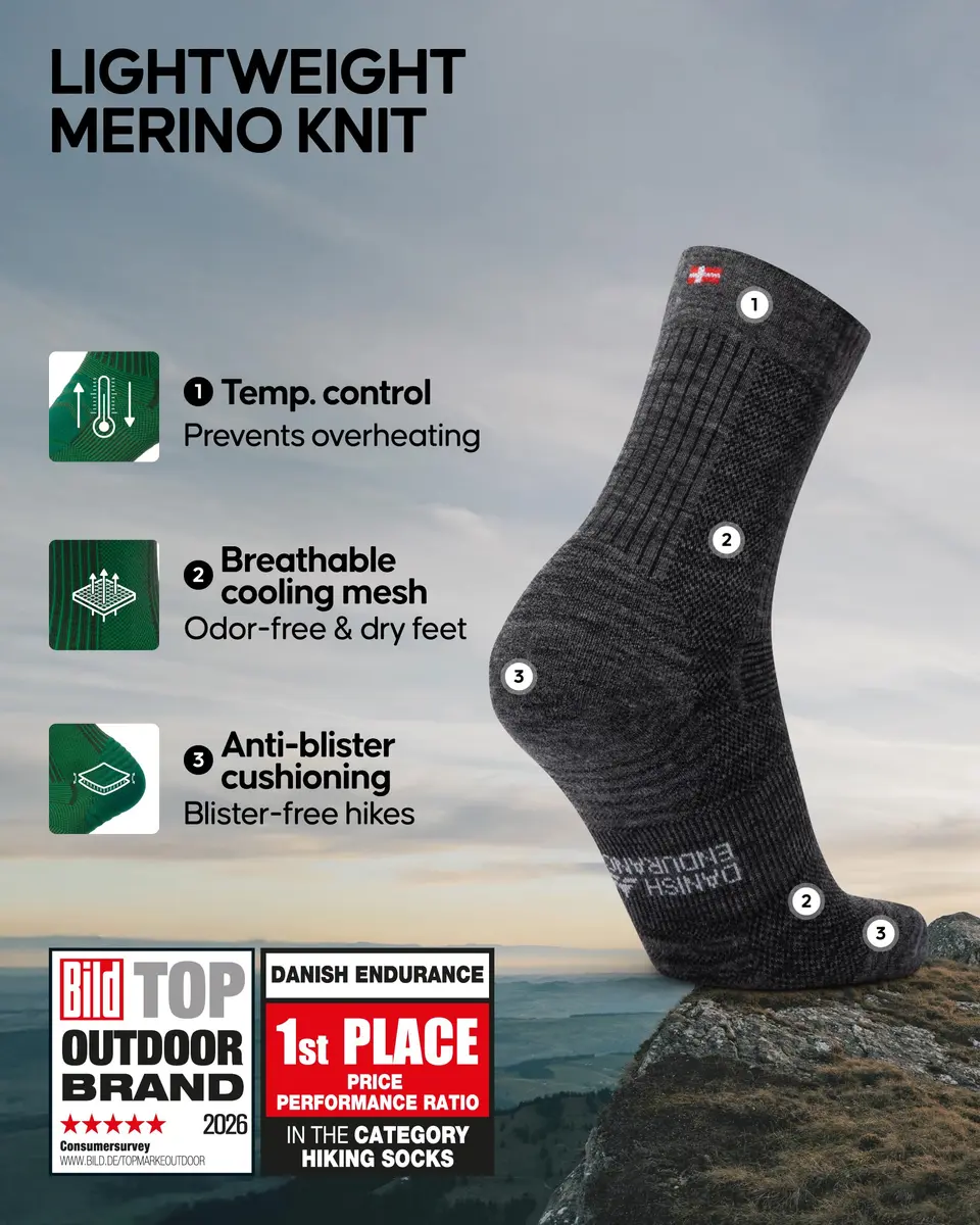DANISH ENDURANCE Merino Wool Hiking Socks Medium | Lightweight Summer Hiking Socks for Trails, Mountains & Travel - view 2