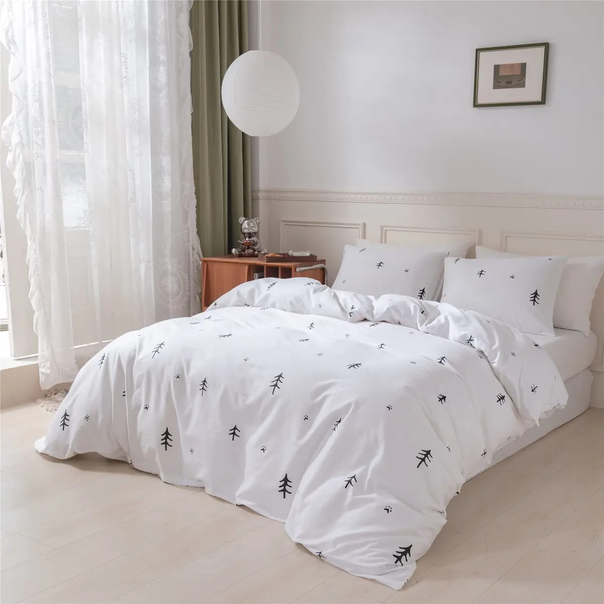 BuLuTu Kids Duvet Cover Twin Cotton White/Grey | Super Soft & Breathable, Zipper Closure - view 4