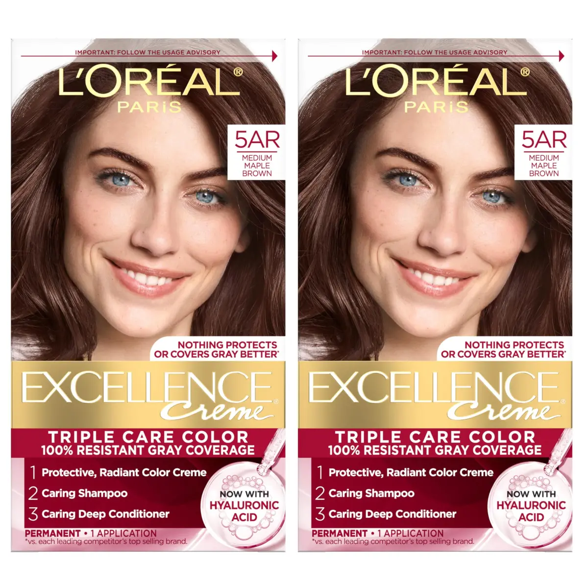 L'Oreal Paris Excellence Crème Permanent Hair Dye 5AR Medium Maple Brown, 2 Kits (Pack of 2) | Triple Care with Hyaluronic Acid for 100% Gray Coverage - main product image