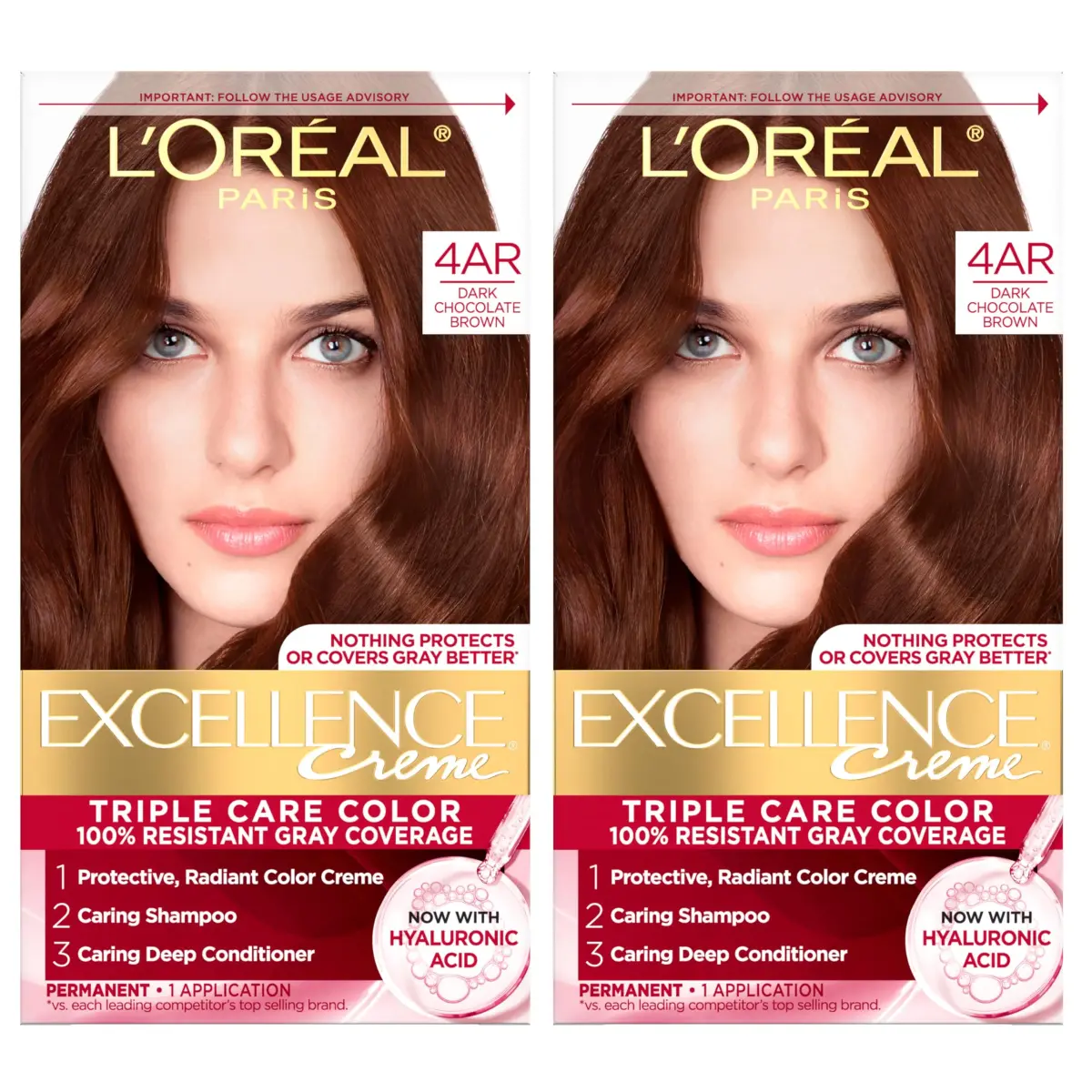 L'Oreal Paris Excellence Crème Permanent Hair Dye 4AR Dark Chocolate Brown, 2 Kits (156ml / 5.5 Fl Oz) | Triple Care Color with Hyaluronic Acid - main product image