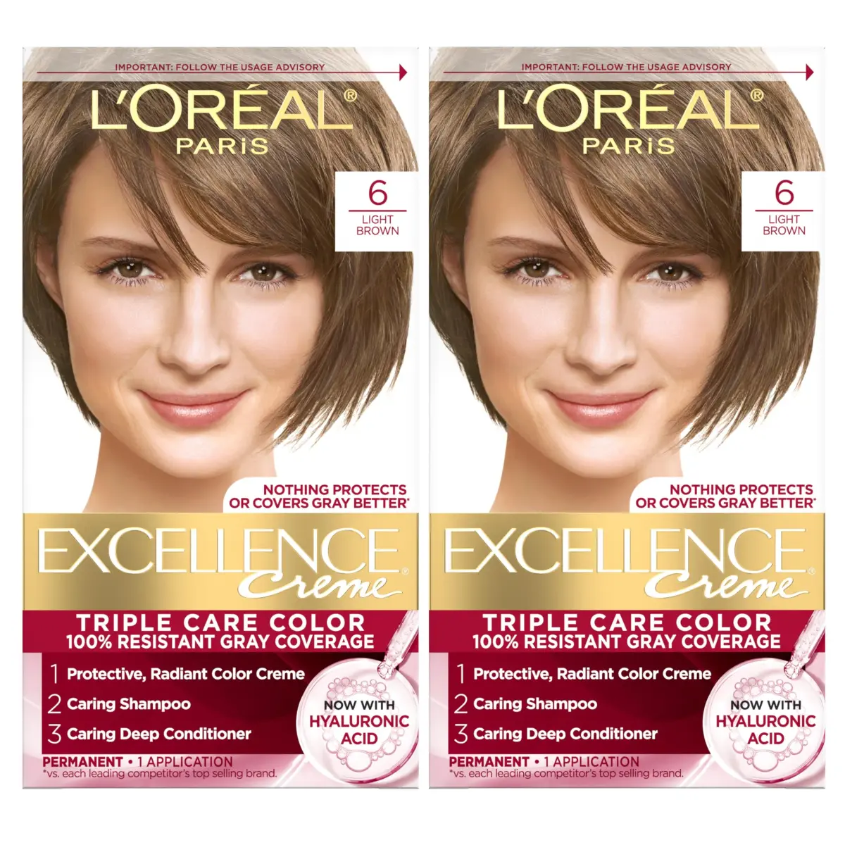 L'Oreal Paris Excellence Crème Permanent Hair Dye 6 Light Brown | Triple Care Color with Hyaluronic Acid for 100% Gray Coverage - main product image