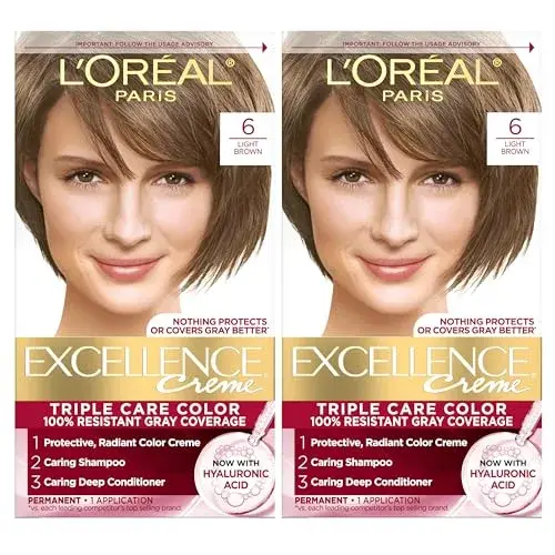 L'Oreal Paris Excellence Crème Permanent Hair Dye 6 Light Brown | Triple Care Color with Hyaluronic Acid for 100% Gray Coverage - main product image