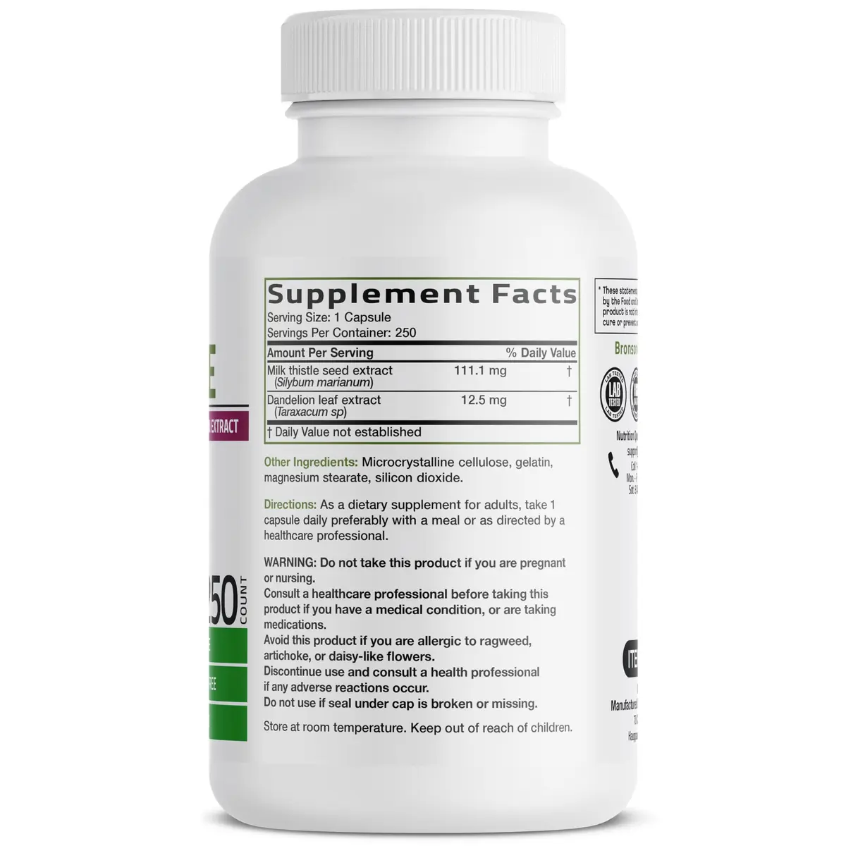 Bronson Milk Thistle Silymarin Marianum & Dandelion Extract 250 Capsules | Liver Support & Detox - view 2