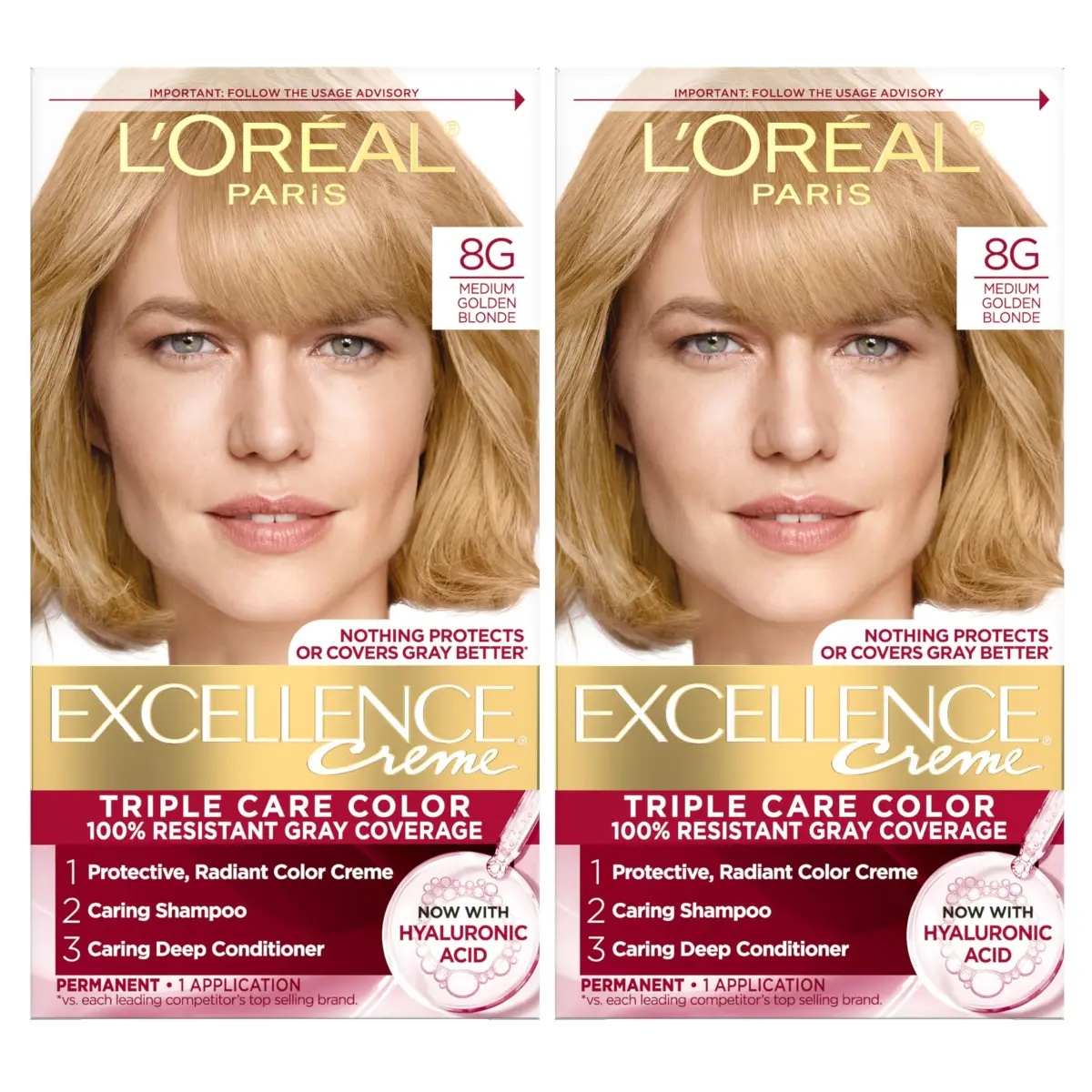 L'Oreal Paris Excellence Crème Hair Dye 8G Medium Golden Blonde 1 Kit (Pack of 2) | Triple Care Color with Hyaluronic Acid for 100% Gray Coverage - main product image
