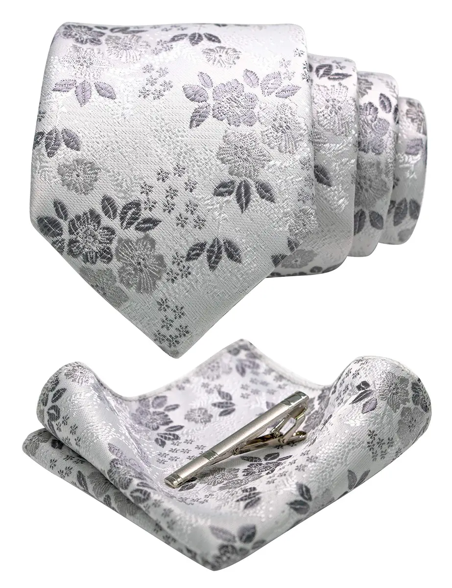 JEMYGINS Silk White Floral Necktie and Pocket Square, 147cm (58in) | Elegant Floral Design for Men - main product image