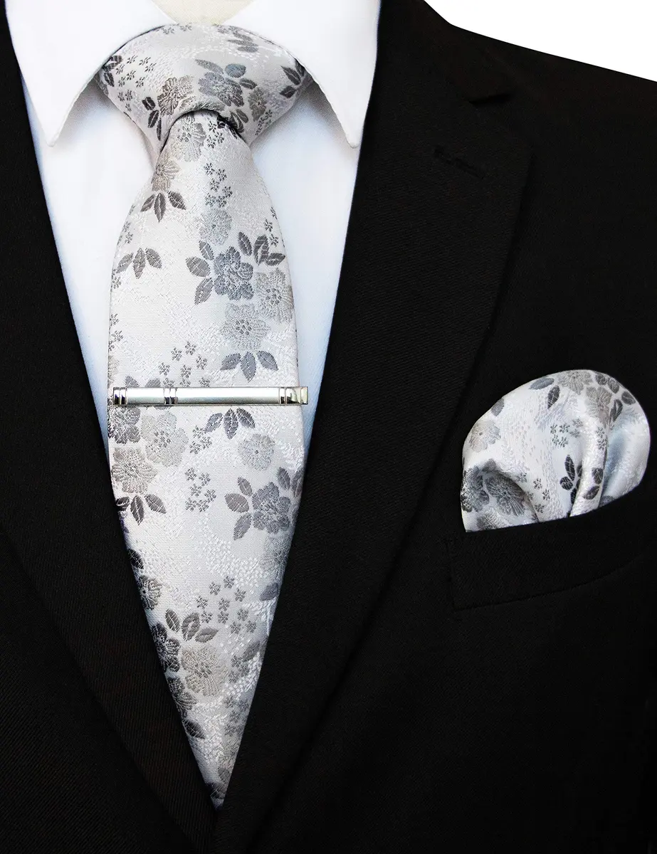 JEMYGINS Silk White Floral Necktie and Pocket Square, 147cm (58in) | Elegant Floral Design for Men - view 2