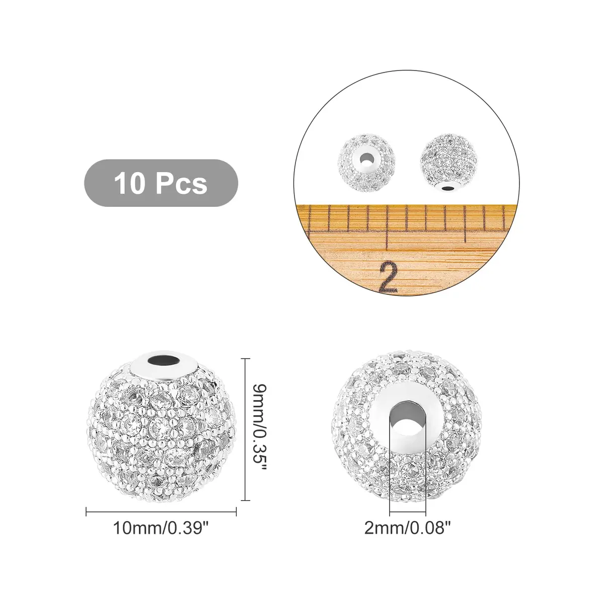NBEADS 10 Pcs About 9.5~10mm Platinum Color Cubic Zirconia Beads | Sparkling Jewelry Spacer - view 6