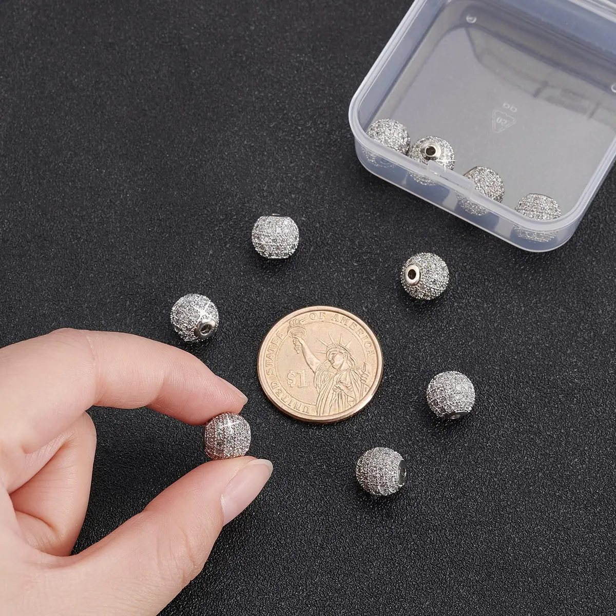 NBEADS 10 Pcs About 9.5~10mm Platinum Color Cubic Zirconia Beads | Sparkling Jewelry Spacer - view 3