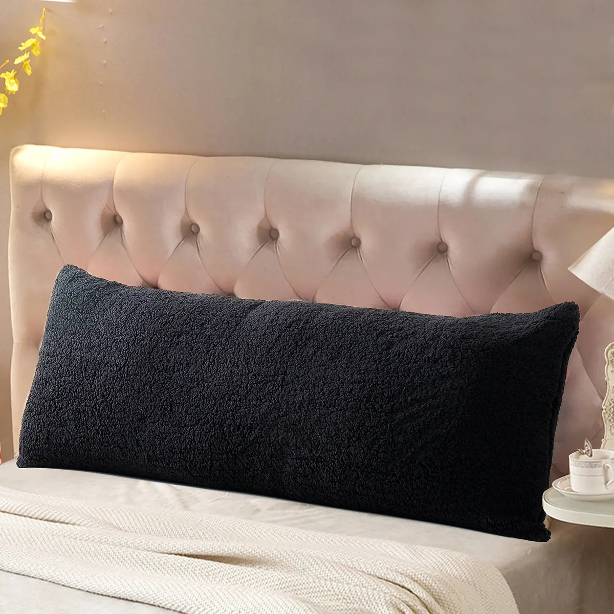 Reafort Sherpa Body Pillow Cover 21"x54" | Zipper Closure, Ultra Soft Plush Feel, Black - main product image