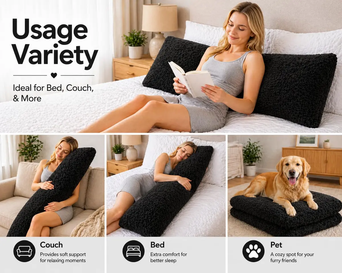 Reafort Sherpa Body Pillow Cover 21"x54" | Zipper Closure, Ultra Soft Plush Feel, Black - view 5