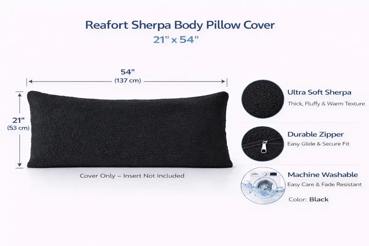 Reafort Sherpa Body Pillow Cover 21"x54" | Zipper Closure, Ultra Soft Plush Feel, Black - view 2