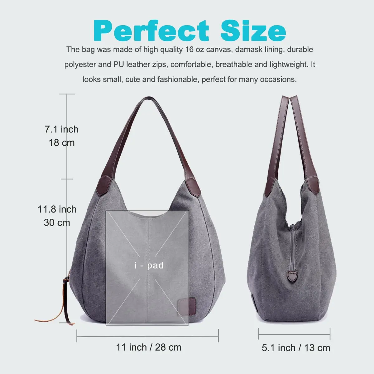 DOURR Canvas Multi-pocket Hobo Bag for Women, Gray, Medium Size | Durable & Lightweight - view 5