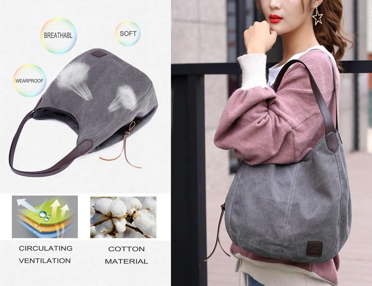DOURR Canvas Multi-pocket Hobo Bag for Women, Gray, Medium Size | Durable & Lightweight - view 7