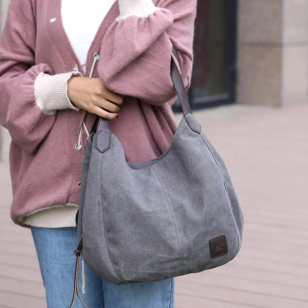 DOURR Canvas Multi-pocket Hobo Bag for Women, Gray, Medium Size | Durable & Lightweight - view 2