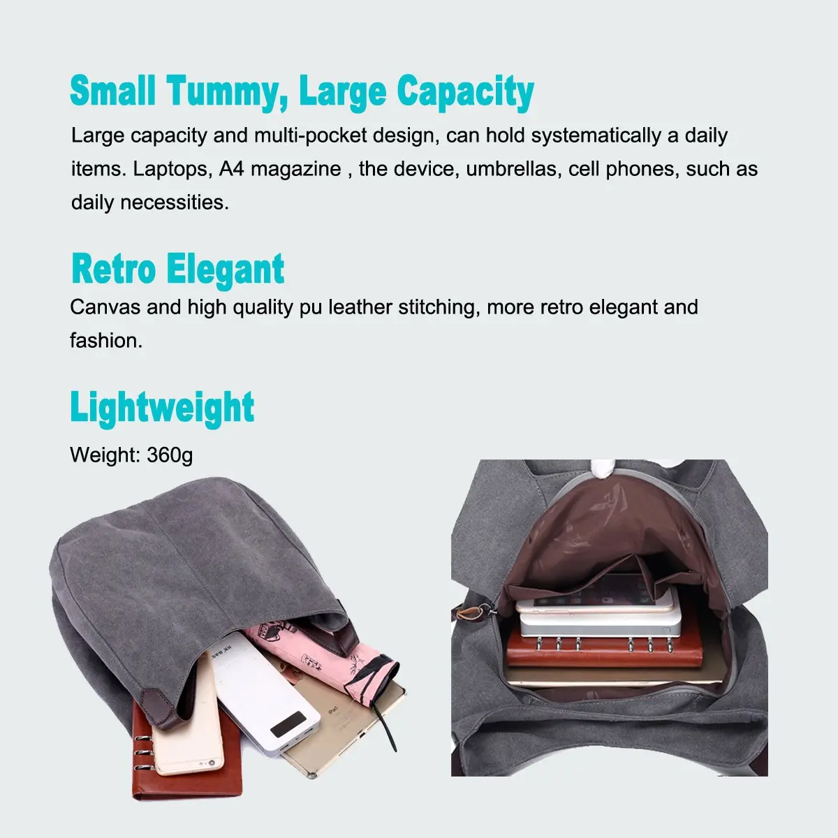 DOURR Canvas Multi-pocket Hobo Bag for Women, Gray, Medium Size | Durable & Lightweight - view 4