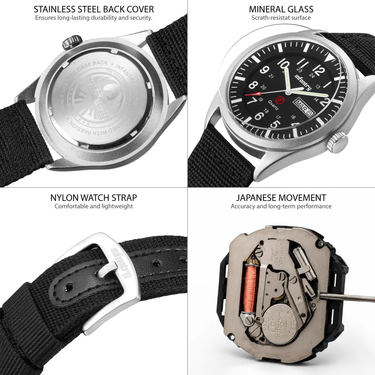 Infantry Military Field Watch 40mm Black Nylon Band | 5ATM Waterproof Analog Quartz - view 5