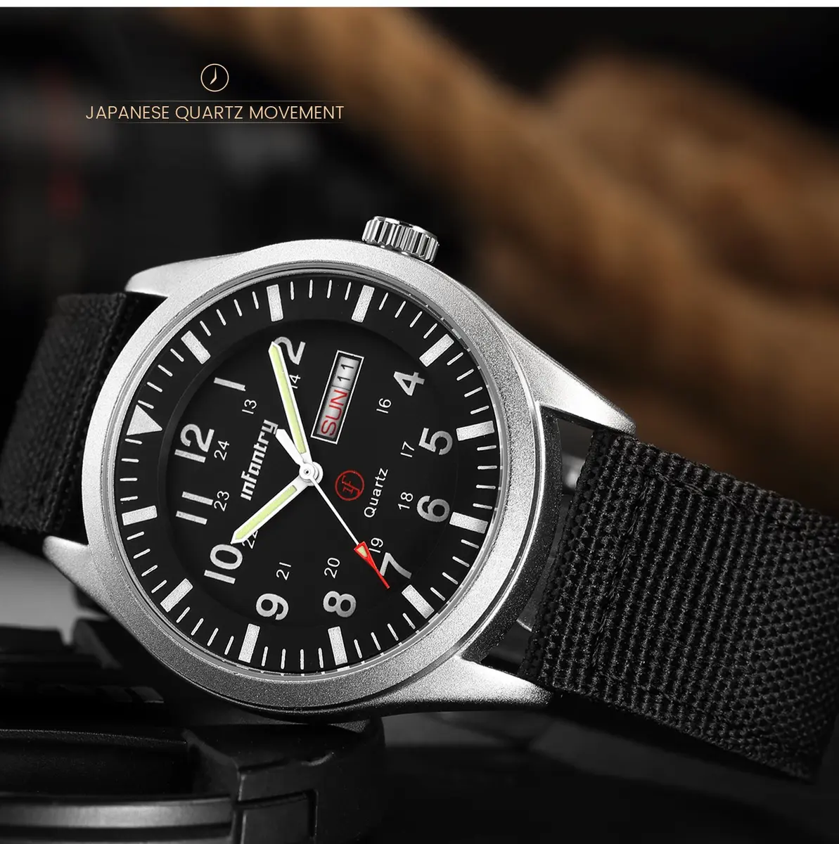 Infantry Military Field Watch 40mm Black Nylon Band | 5ATM Waterproof Analog Quartz - view 7