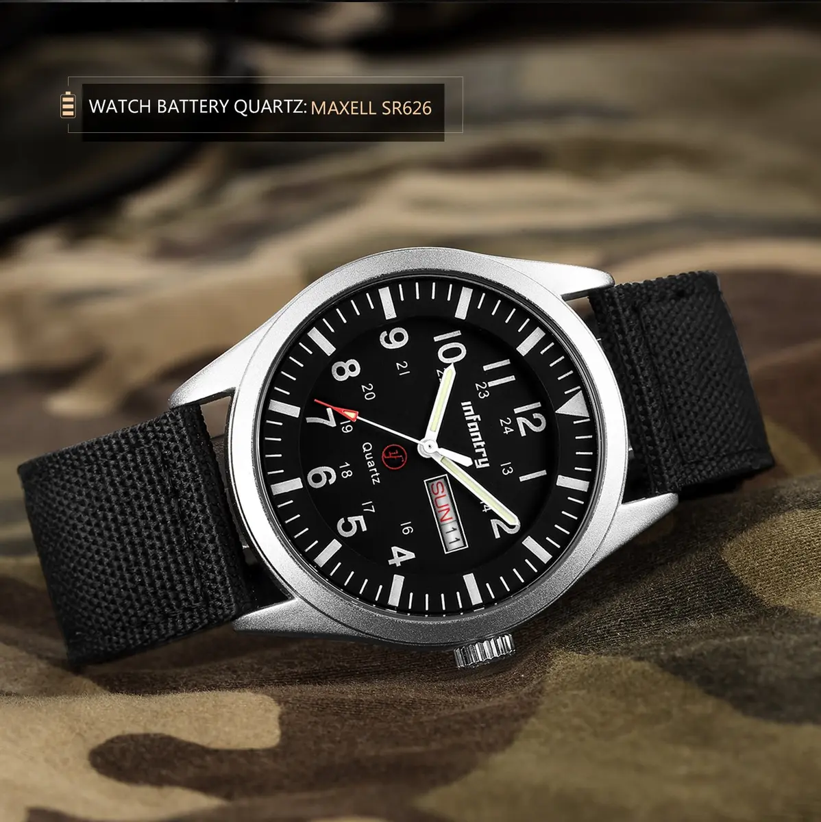 Infantry Military Field Watch 40mm Black Nylon Band | 5ATM Waterproof Analog Quartz - view 8