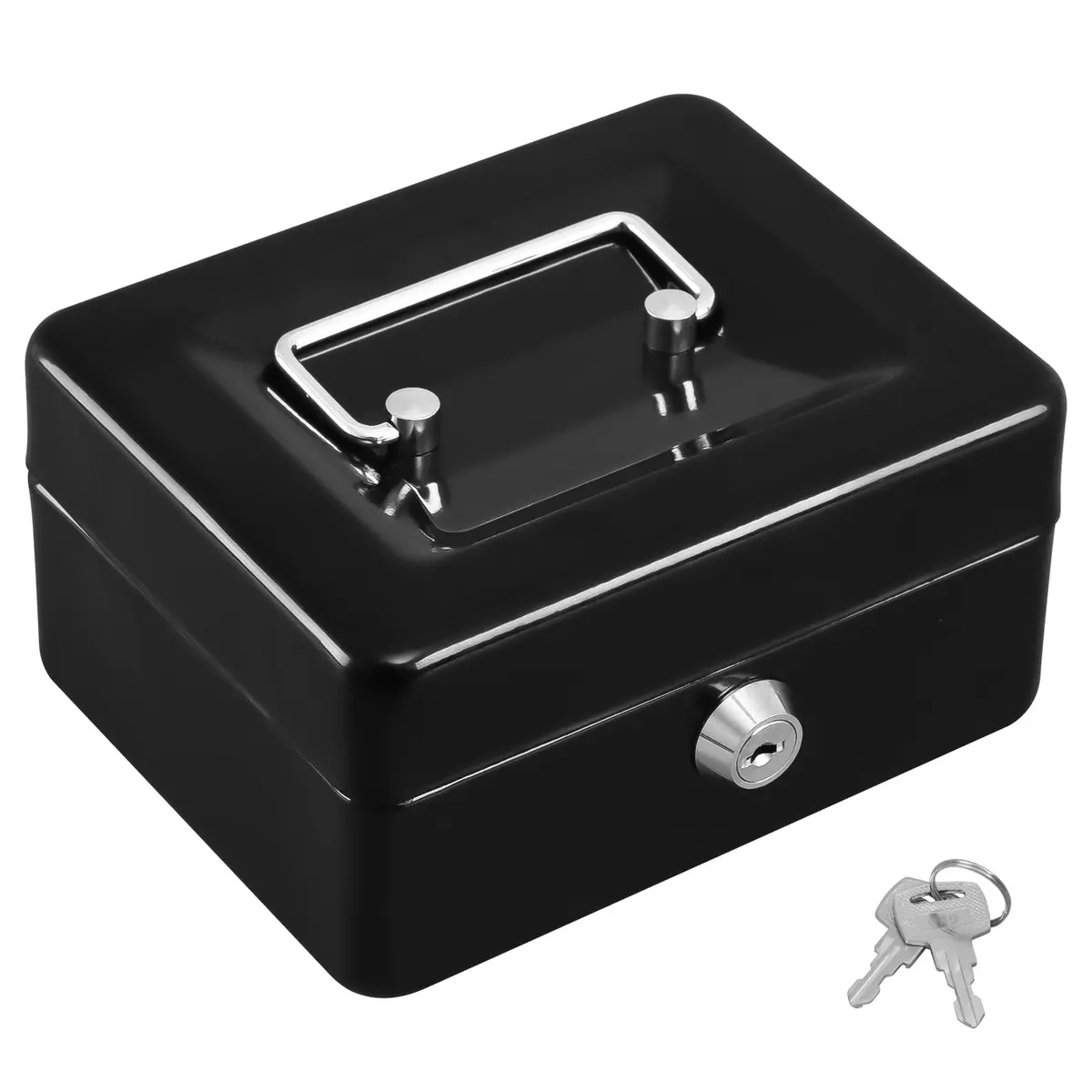 KYODOLED Small Cash Box with Key Lock, Metal Storage Box, Portable Handle, 150x120x80mm, Black - main product image