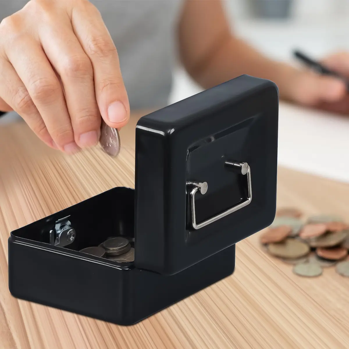 KYODOLED Small Cash Box with Key Lock, Metal Storage Box, Portable Handle, 150x120x80mm, Black - view 7