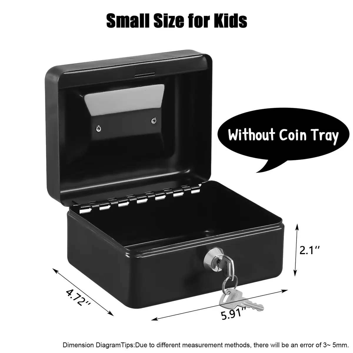 KYODOLED Small Cash Box with Key Lock, Metal Storage Box, Portable Handle, 150x120x80mm, Black - view 2