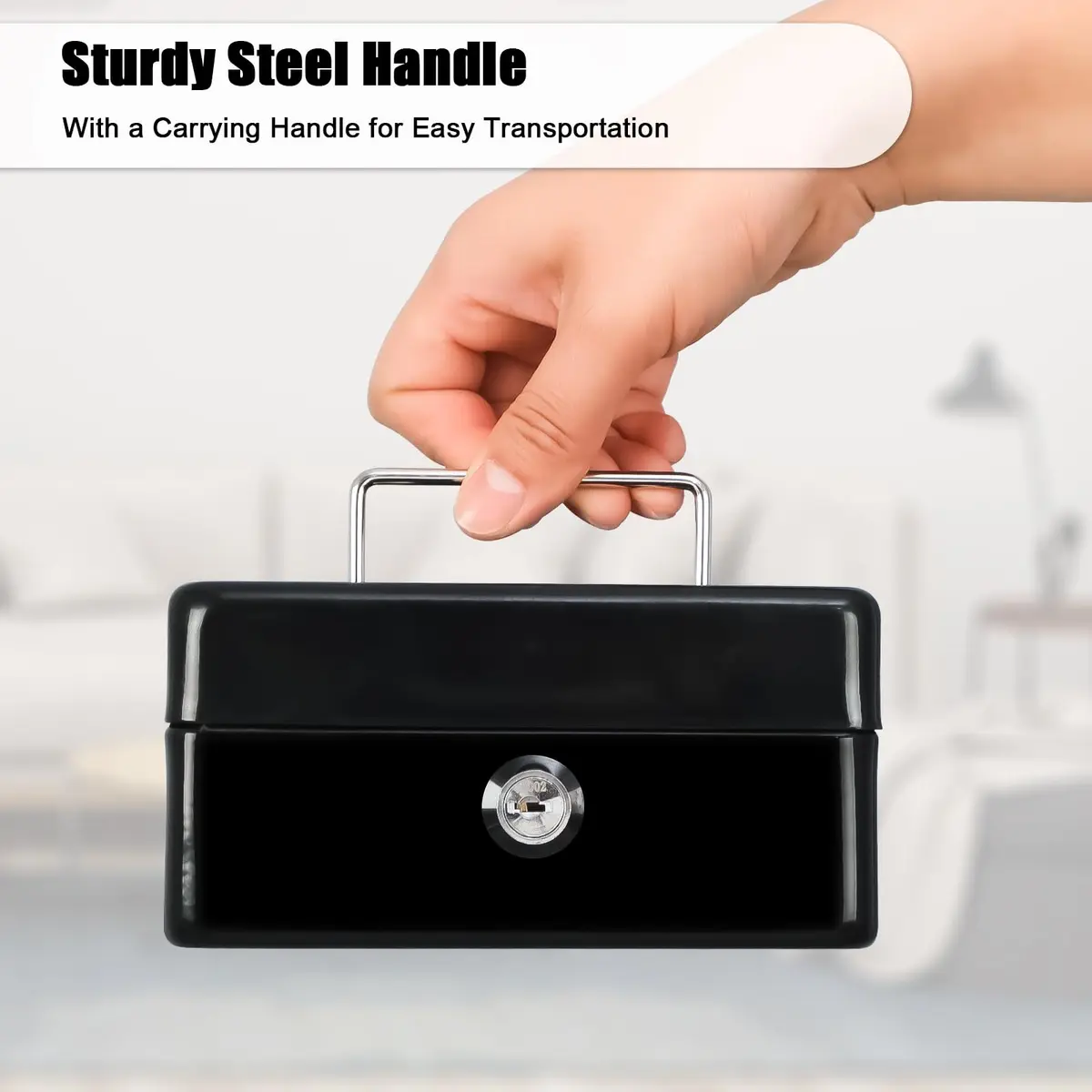 KYODOLED Small Cash Box with Key Lock, Metal Storage Box, Portable Handle, 150x120x80mm, Black - view 3