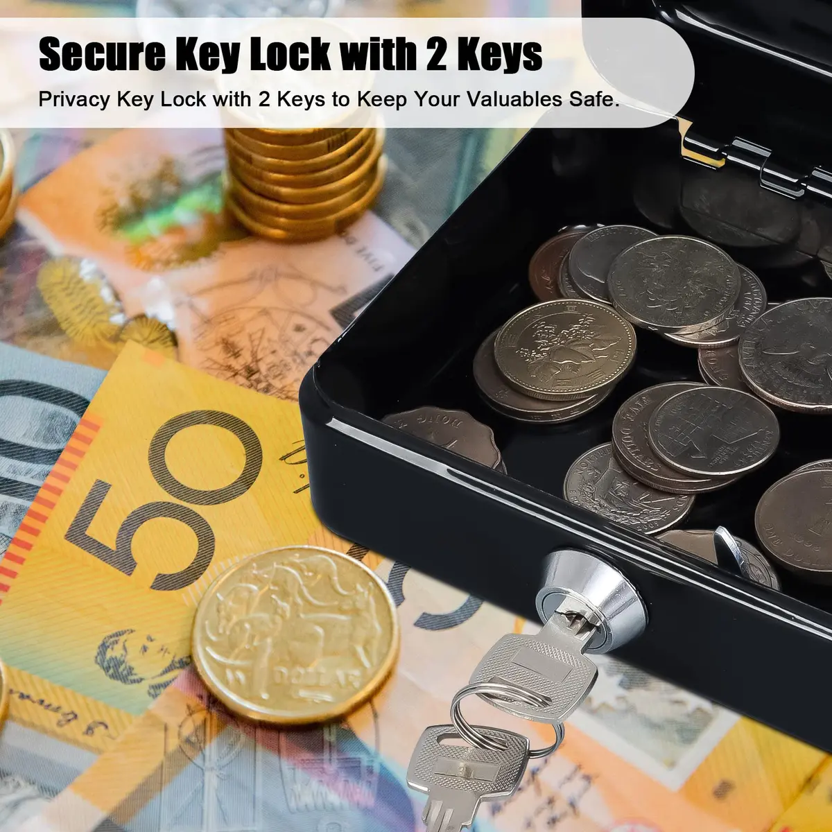 KYODOLED Small Cash Box with Key Lock, Metal Storage Box, Portable Handle, 150x120x80mm, Black - view 4