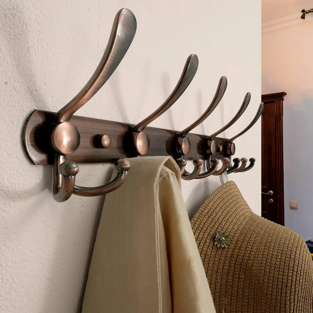 Dseap Wall Mounted Coat Rack - 5 Tri Hooks, Heavy Duty, Stainless Steel, Metal Coat Hook Rail for Coat Hat Towel Purse Robes Mudroom Bathroom Entryway (Antique Copper, 2 Packs) - view 3
