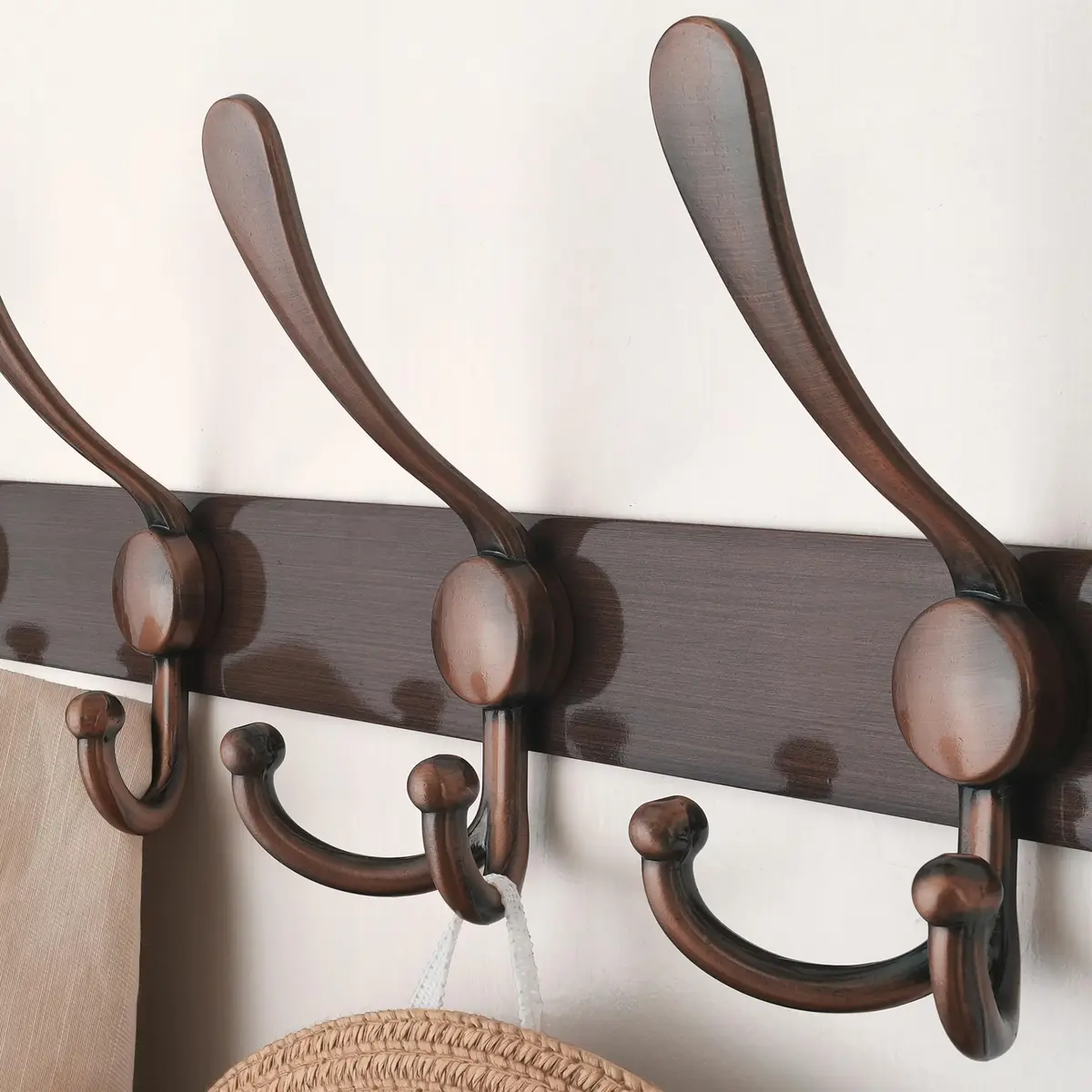 Dseap Wall Mounted Coat Rack - 5 Tri Hooks, Heavy Duty, Stainless Steel, Metal Coat Hook Rail for Coat Hat Towel Purse Robes Mudroom Bathroom Entryway (Antique Copper, 2 Packs) - view 4