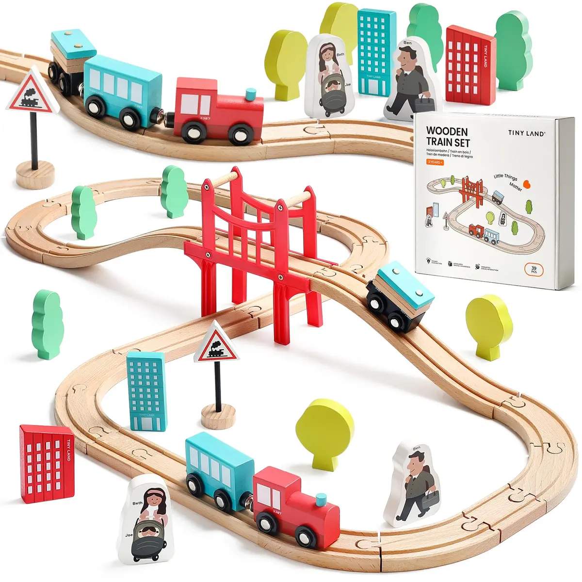 Tiny Land 39 Pcs Wooden Train Set for Toddler Ages 3+ | Expandable, Compatible with Major Brands - main product image