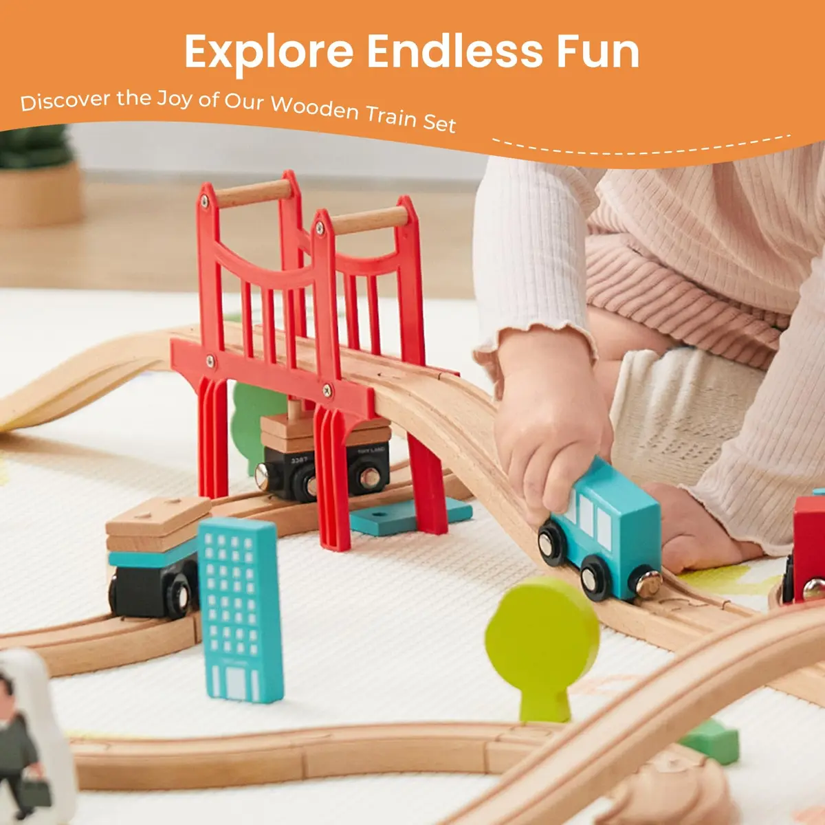 Tiny Land 39 Pcs Wooden Train Set for Toddler Ages 3+ | Expandable, Compatible with Major Brands - view 2