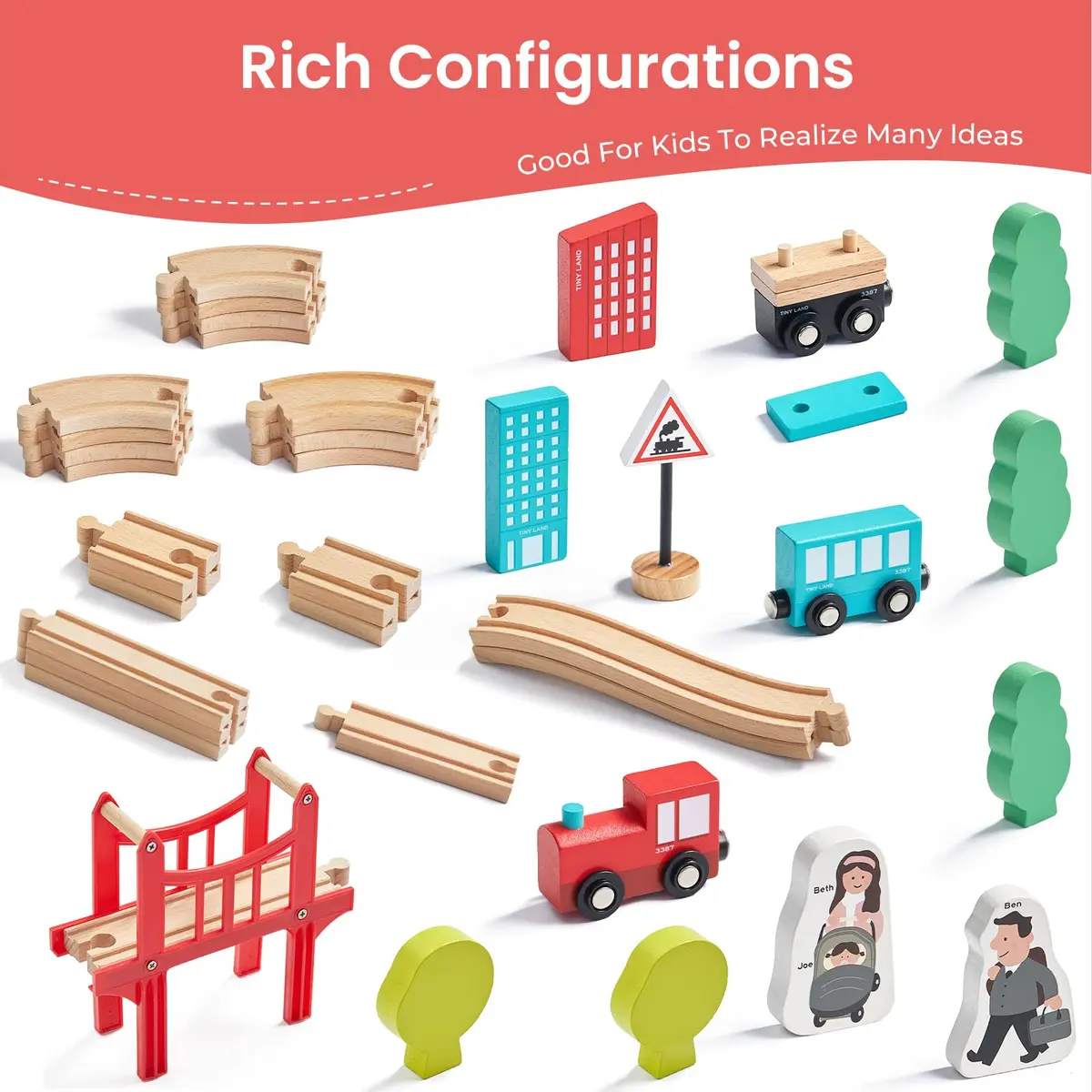 Tiny Land 39 Pcs Wooden Train Set for Toddler Ages 3+ | Expandable, Compatible with Major Brands - view 3