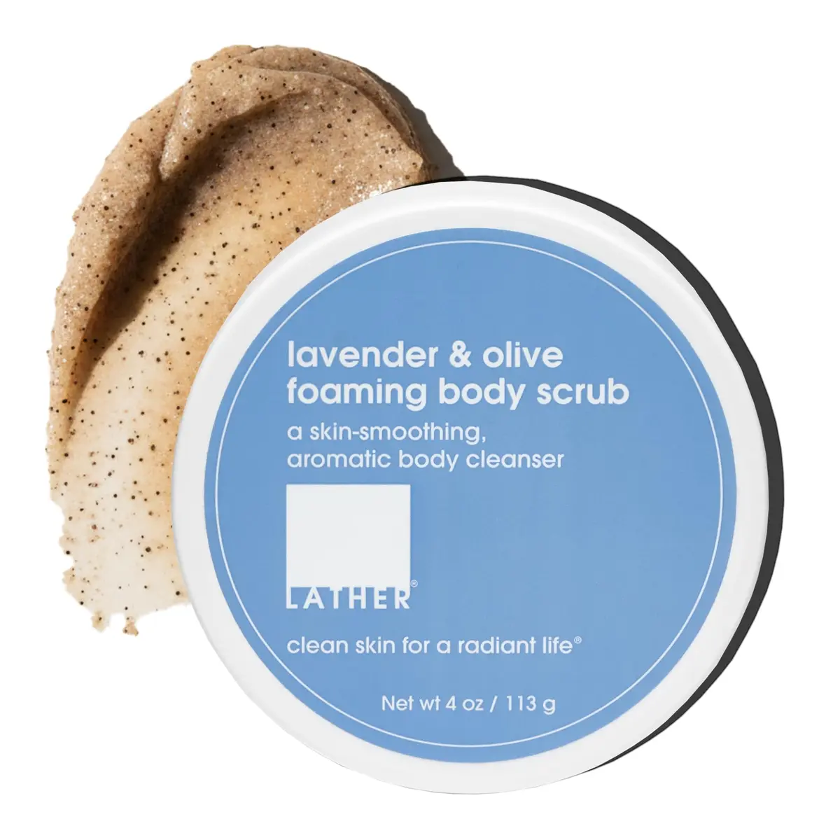 LATHER Lavender & Olive Foaming Body Scrub 4 Oz | Gentle Exfoliating & Hydrating for All Skin Types - main product image