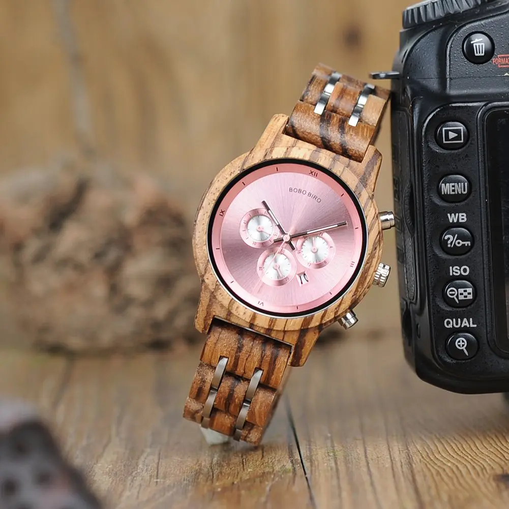 BOBO BIRD Women Wooden Watch Pink | Luxury Zebra Wood Casual & Business (40mm) - view 5