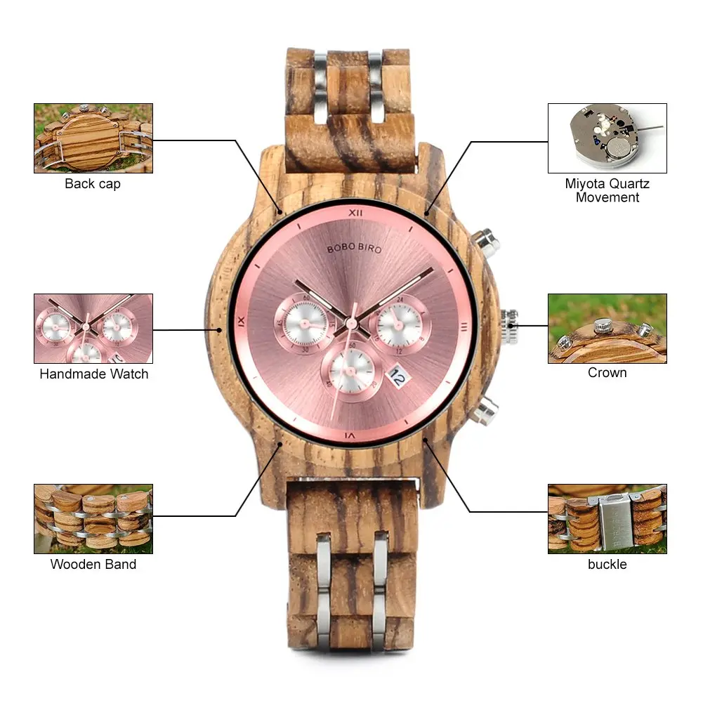 BOBO BIRD Women Wooden Watch Pink | Luxury Zebra Wood Casual & Business (40mm) - view 6
