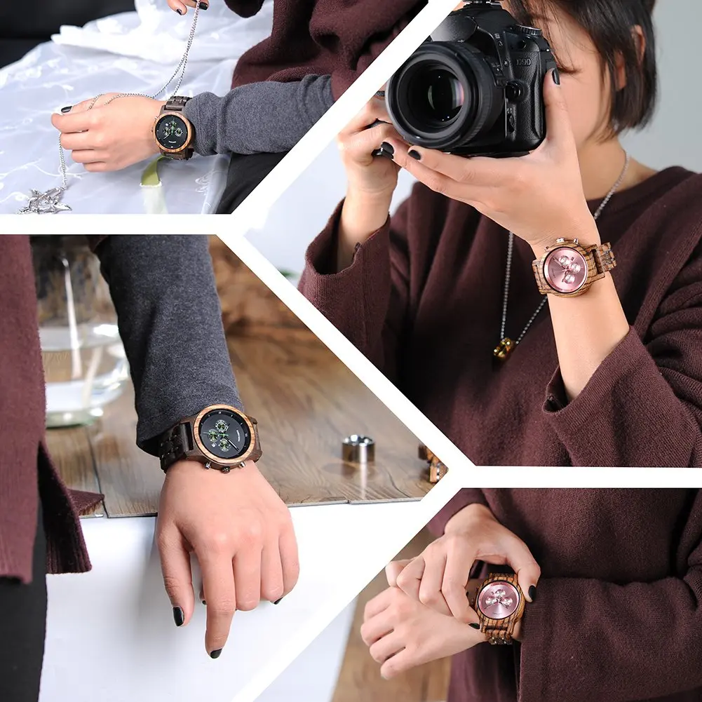 BOBO BIRD Women Wooden Watch Pink | Luxury Zebra Wood Casual & Business (40mm) - view 7