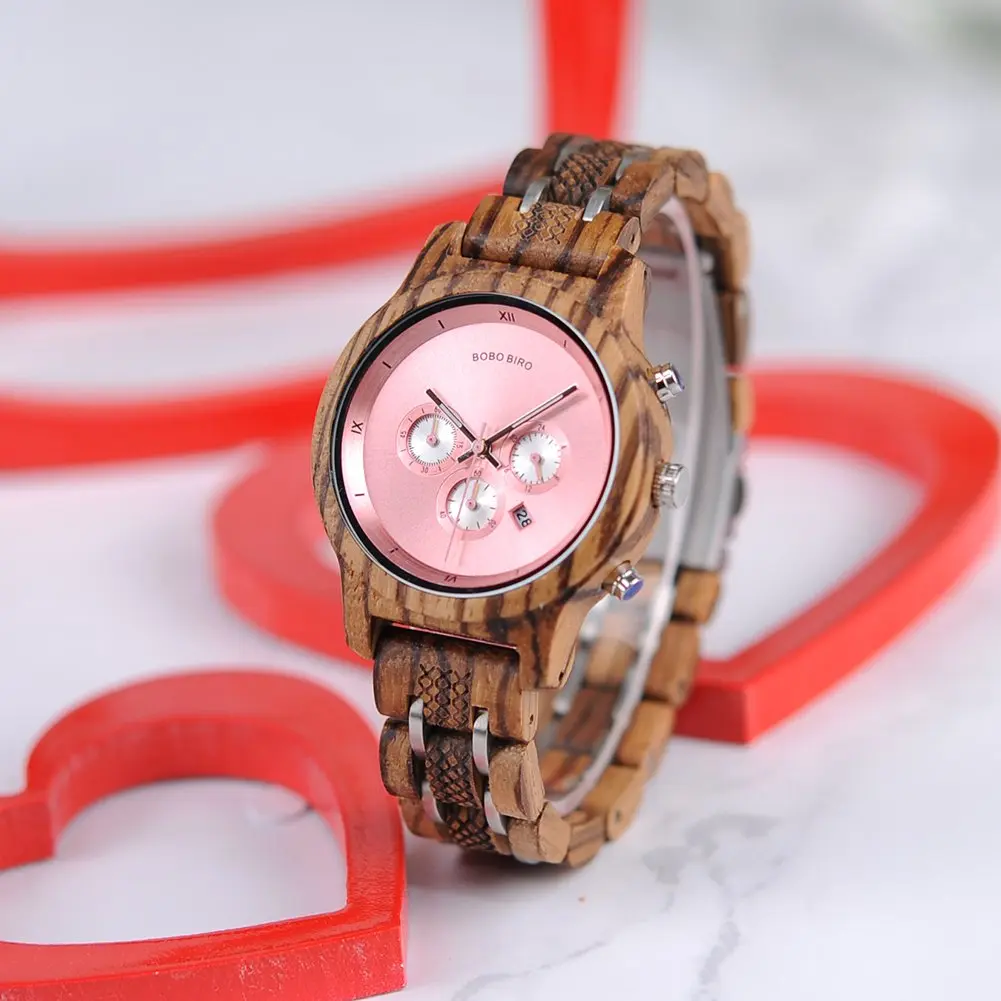 BOBO BIRD Women Wooden Watch Pink | Luxury Zebra Wood Casual & Business (40mm) - view 8