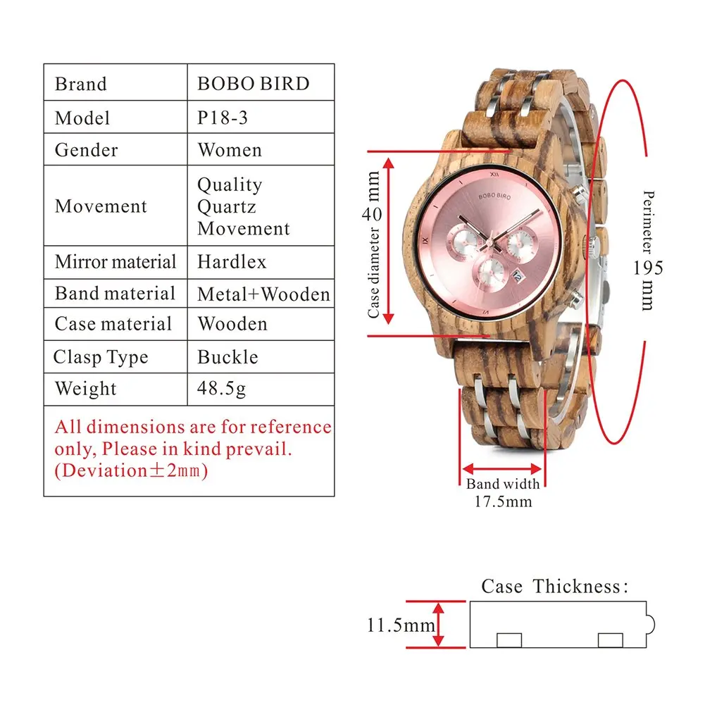 BOBO BIRD Women Wooden Watch Pink | Luxury Zebra Wood Casual & Business (40mm) - view 2