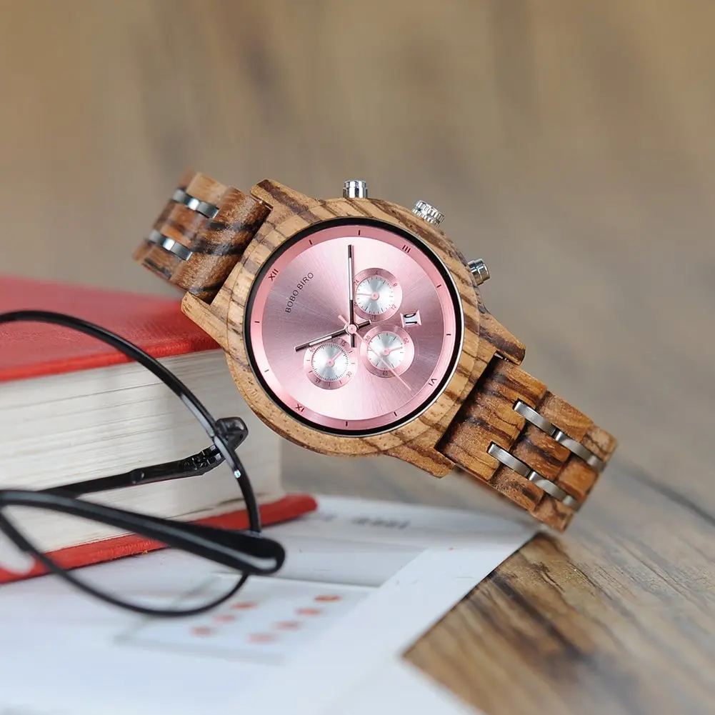 BOBO BIRD Women Wooden Watch Pink | Luxury Zebra Wood Casual & Business (40mm) - view 3