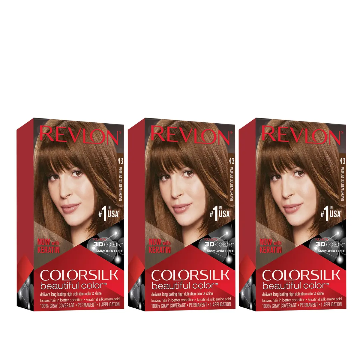 Revlon Colorsilk Permanent Hair Color 43 Medium Golden Brown 156ml (5.5 Oz) 3-Pack | Ammonia-Free Gray Coverage - main product image