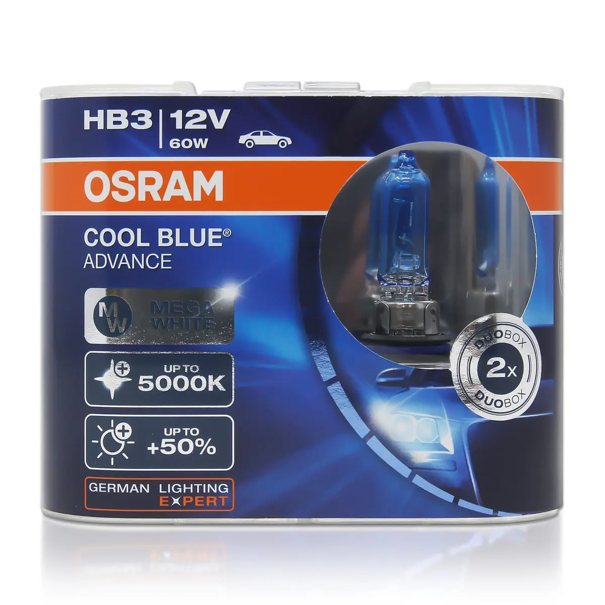 OSRAM Cool Blue Advance 9005 HB3 Halogen Headlight Bulbs 12V 60W 5000K (2-Pack, Cool White) - main product image