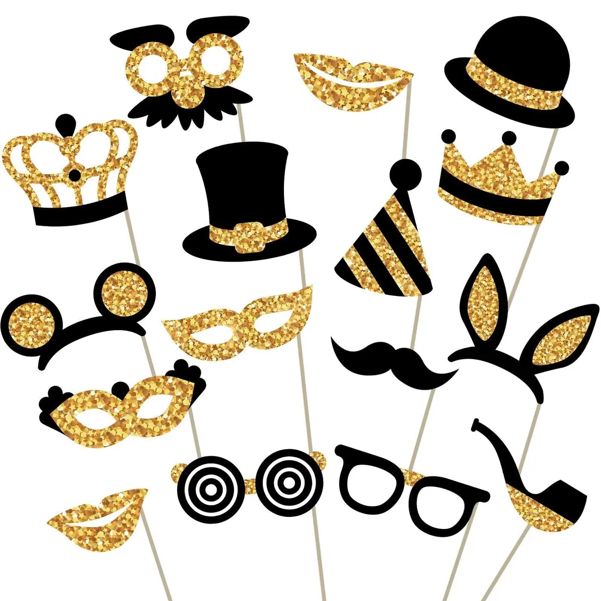 PixiPy Decorative Cutout Photo Booth Props Kit, 16 Black & Gold | Durable & Easy-to-Use Party Signs for Memorable Photos - main product image