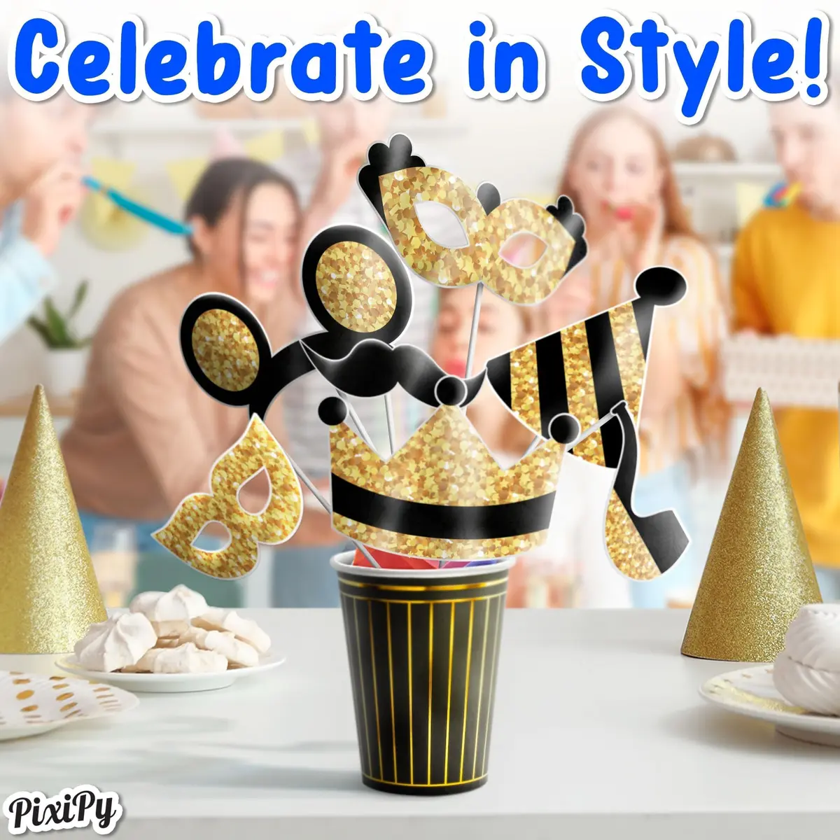 PixiPy Decorative Cutout Photo Booth Props Kit, 16 Black & Gold | Durable & Easy-to-Use Party Signs for Memorable Photos - view 7