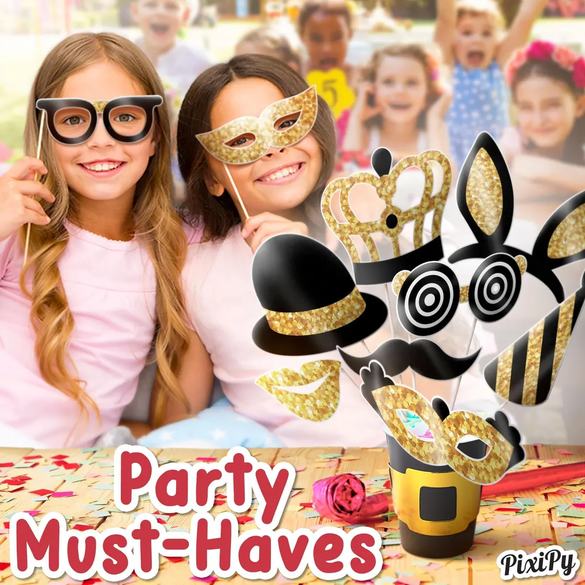 PixiPy Decorative Cutout Photo Booth Props Kit, 16 Black & Gold | Durable & Easy-to-Use Party Signs for Memorable Photos - view 3