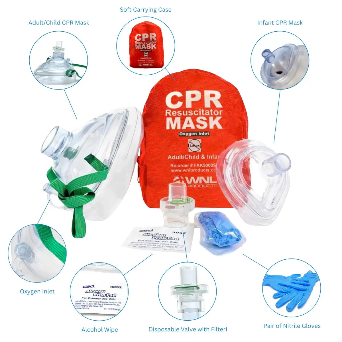 WNL Products CPR Rescue Mask Kit with One-Way Valve, Adult/Child & Infant Masks, Soft Case | ASTM Certified Bacterial Filtration - view 2