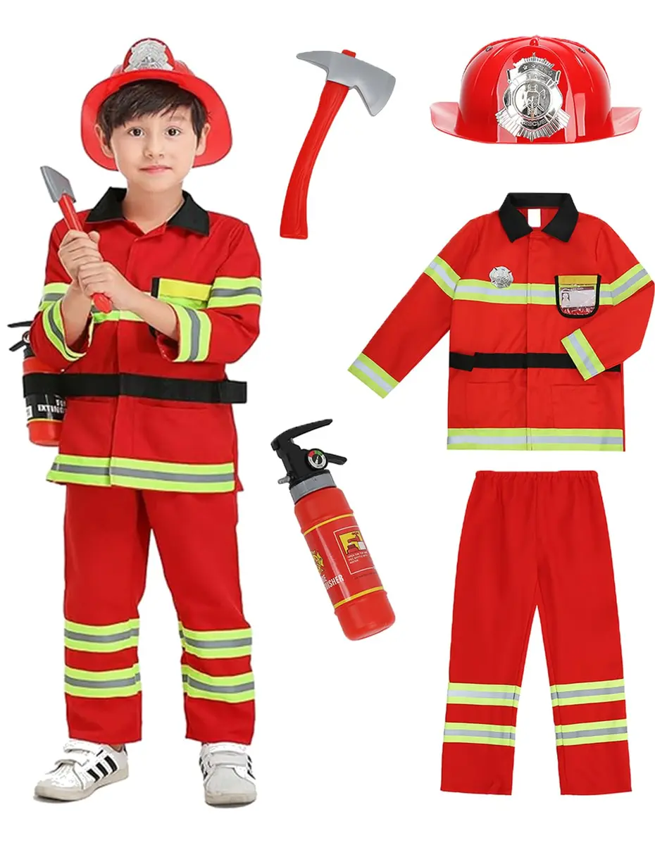 yolsun Kids Fireman Costume Set Halloween Role Play Dress Up Red 4-5Y | Authentic Firefighter Style for Boys - main product image