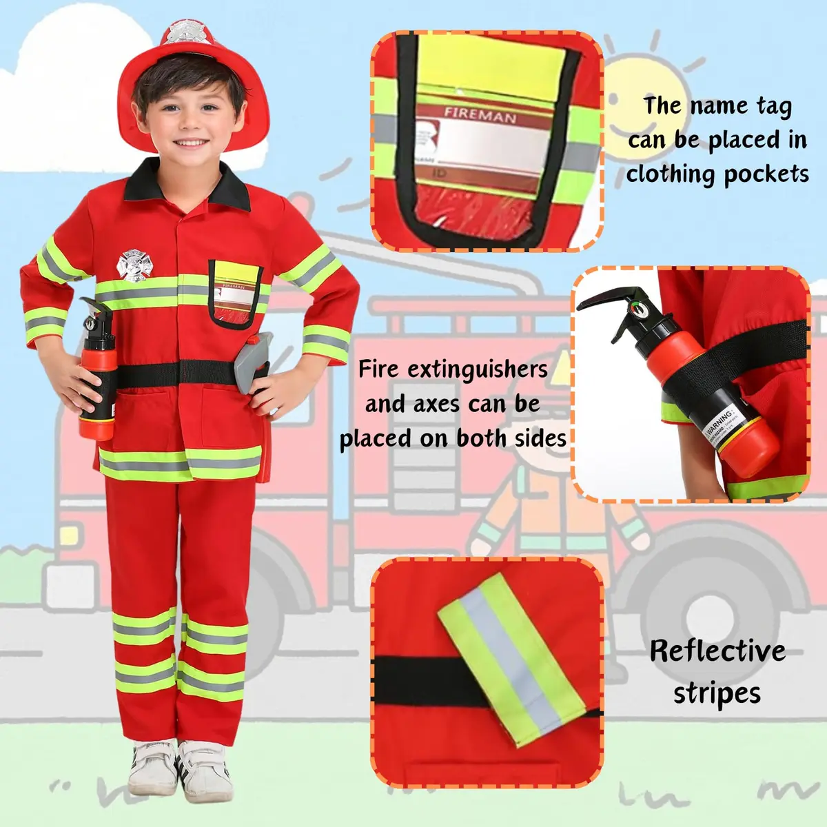 yolsun Kids Fireman Costume Set Halloween Role Play Dress Up Red 4-5Y | Authentic Firefighter Style for Boys - view 3