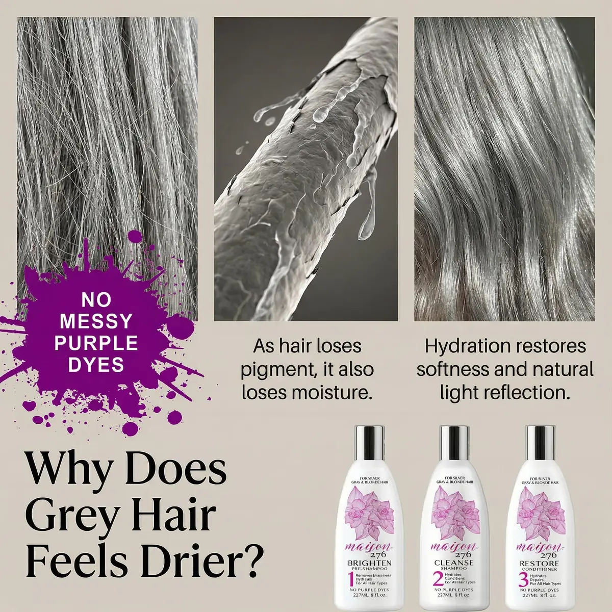 Maison 276 HYDRATE Shampoo for Grey & Silver Hair – Deep Hydration, Gentle Cleanse, No Purple Dyes, Plant-Based Care for Naturally Grey Hair, Sulfate-Free, 8 oz - view 2
