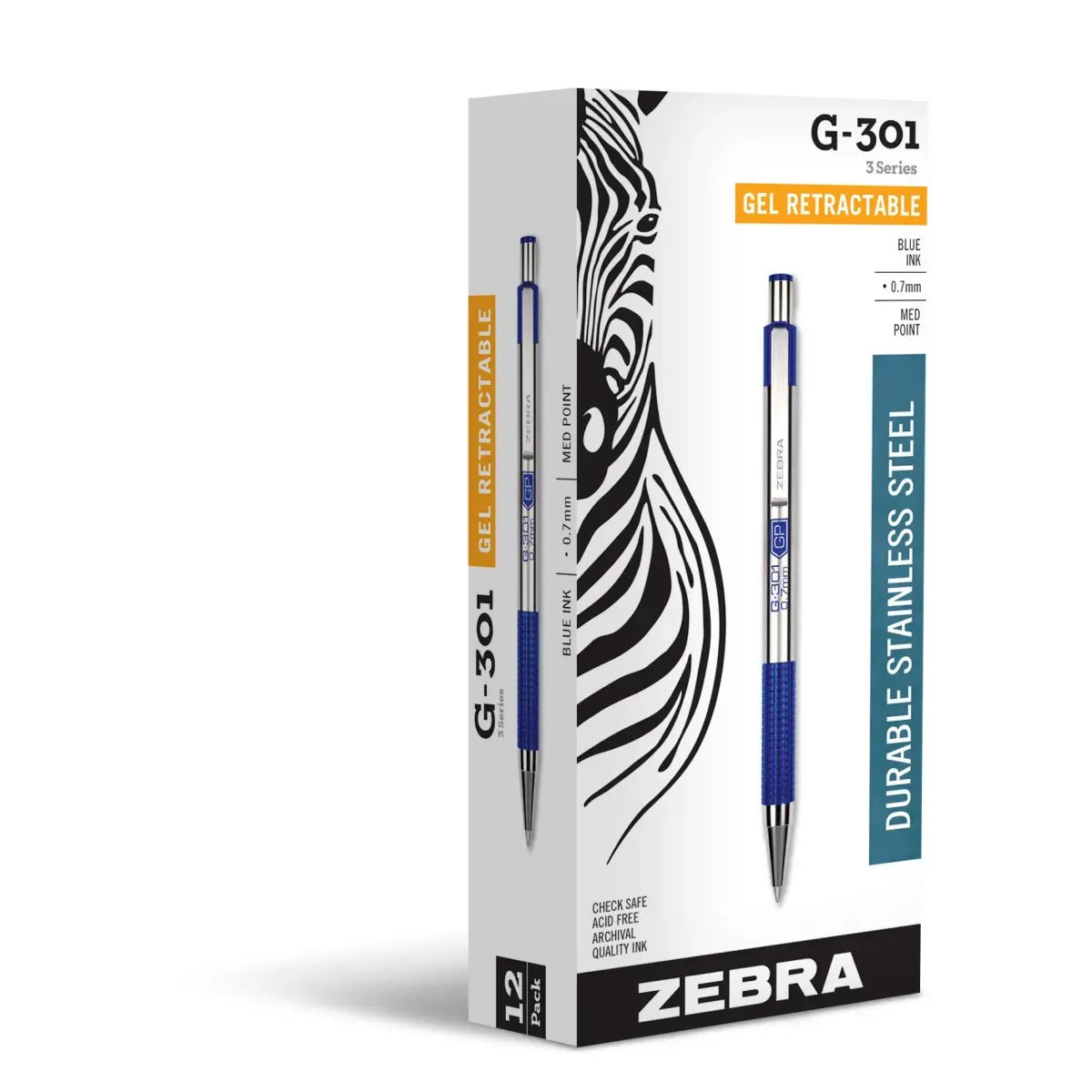 Zebra Pen STEEL G-301 Retractable Gel Pen, Blue Ink, 0.7mm, 12-Pack | Smooth Ink Flow - main product image