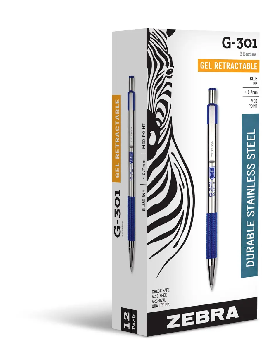 Zebra Pen STEEL G-301 Retractable Gel Pen, Blue Ink, 0.7mm, 12-Pack | Smooth Ink Flow - main product image